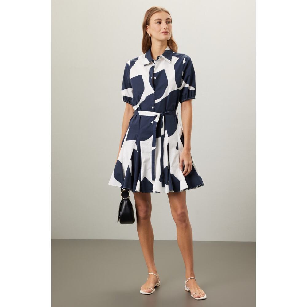 Milly Navy and White Abstract Shirt Midi Dress